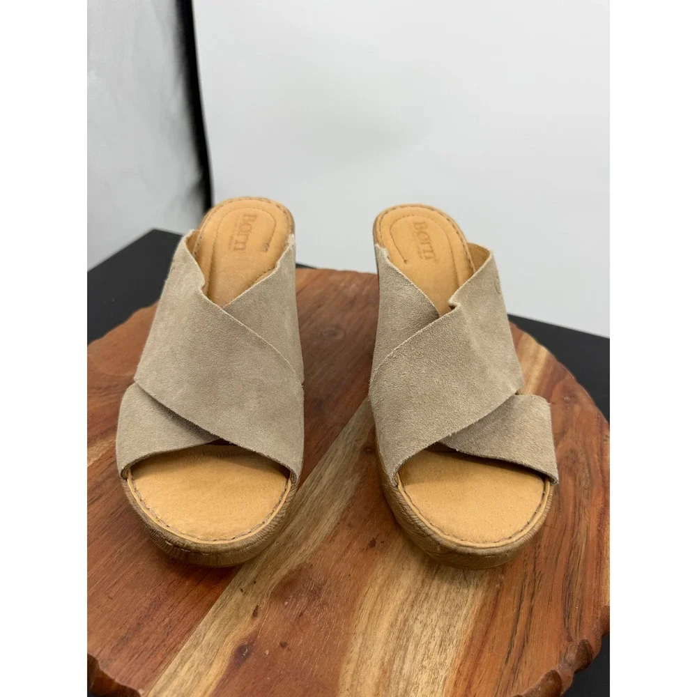 Born Nora Wedge Sandals Womens 7M Taupe Suede Crisscross Slide BR0036179